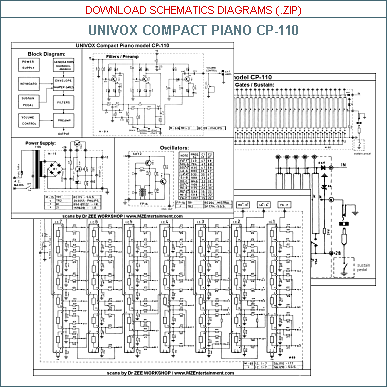 CLICK to download UNIVOX CP-110 Compact Piano Schematics Circuit Diagrams, Block Diagram, Parts List - zip file.